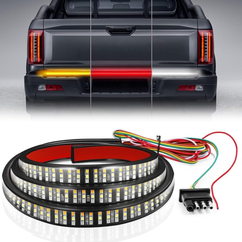 Livtee Truck Tailgate Light Bar, 60″ Triple Row LED Brake Light Strip with Red Brake/White Reverse/Sequential Amber Turning Signals, Light Bars for Trucks, Truck Accessories for Men- IP68 Waterproof