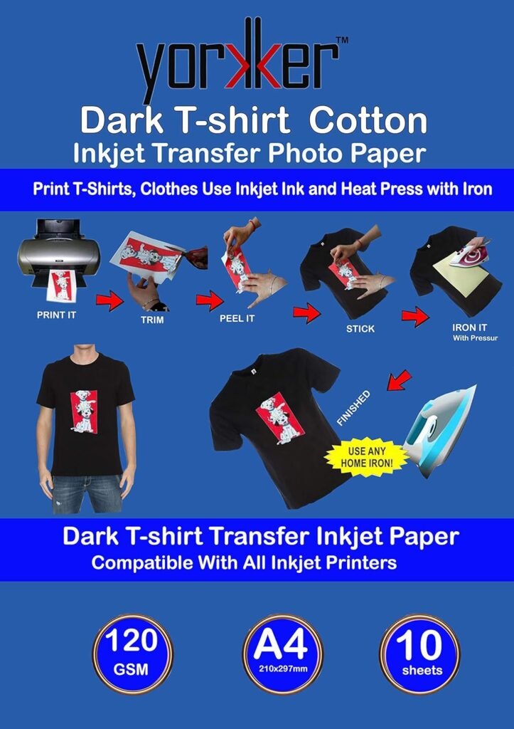 Yorkker T-shirt Dark Cotton Inkjet Transfer Photo Paper Pack of 10 Sheets| DIY Print T-Shirts, Clothes Use Inkjet Ink and Heat Press with Iron size:A4