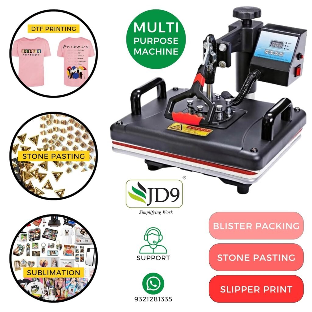 JD9 Heat Press 5 in 1 (Black) Digital Multi Functional Sublimation, Vinyl Printing for T-Shirts (Flat Product), Mug, Plate Heat Press Machine 12×15 Inch