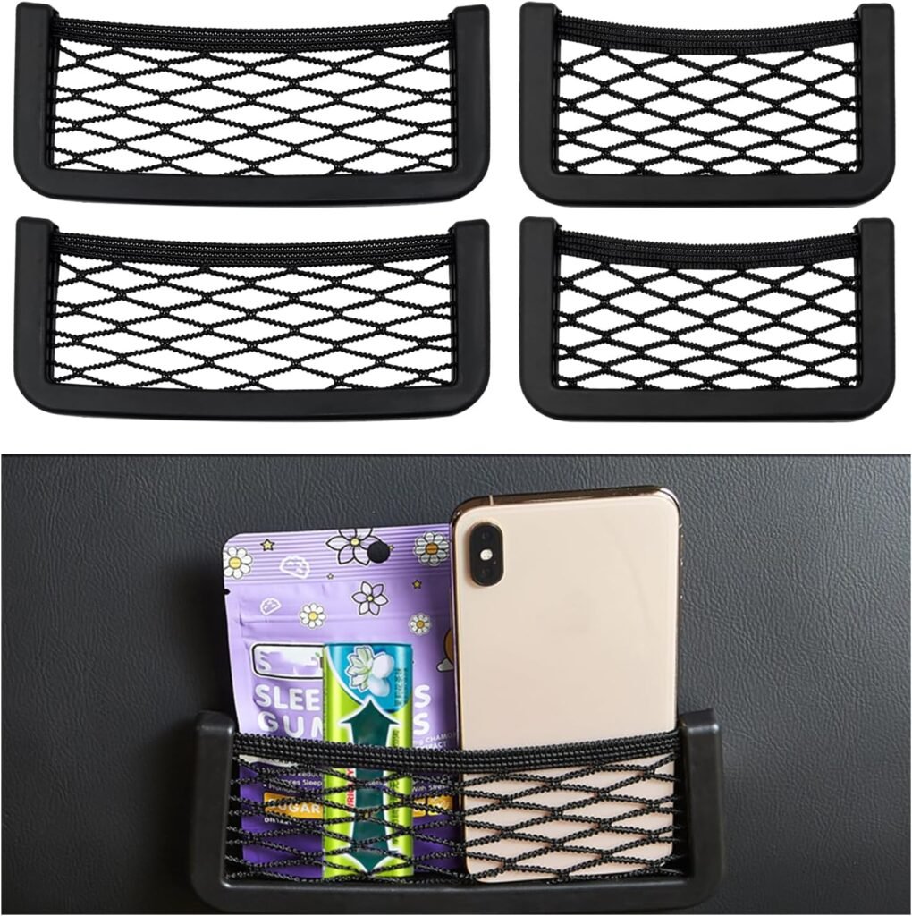 4 PCS Car Pocket Phone Net, Elastic Storage Net Pocket with ABS Plastic Frame, Adhesive Seat Side Back Nylon Mesh Net Phone Purse Holder Pocket Organizer, Car Accessories