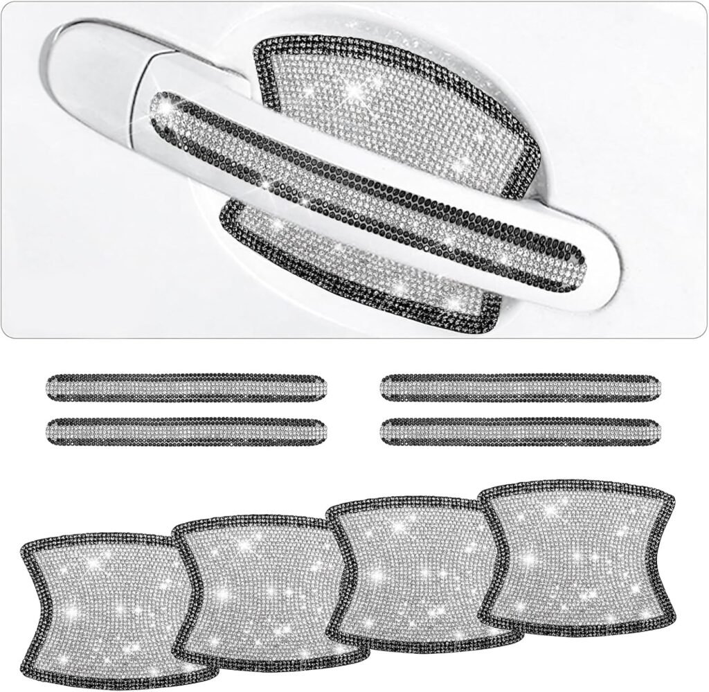 8PCS Bling Car Door Handle Cup Protectors – Anti-Scratch Rhinestone Protective Stickers for Most Vehicles, Auto Exterior Accessories for Women (Black White)