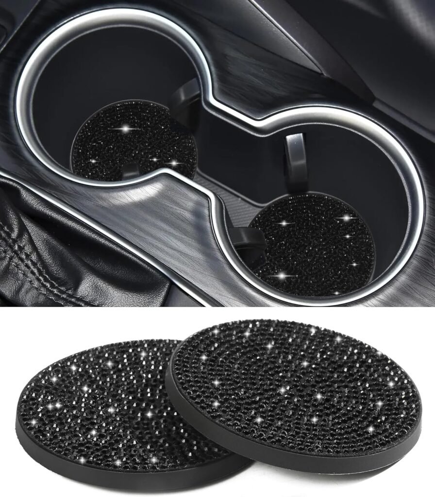 2PCS Car Coasters,Car Accessories for Women,Car Decor Car Coasters for Cup Holders,Car Accessories Bling Cup Holder Coaster,Anti Slip Insert Coasters,Interior Accessories for Women (Black)