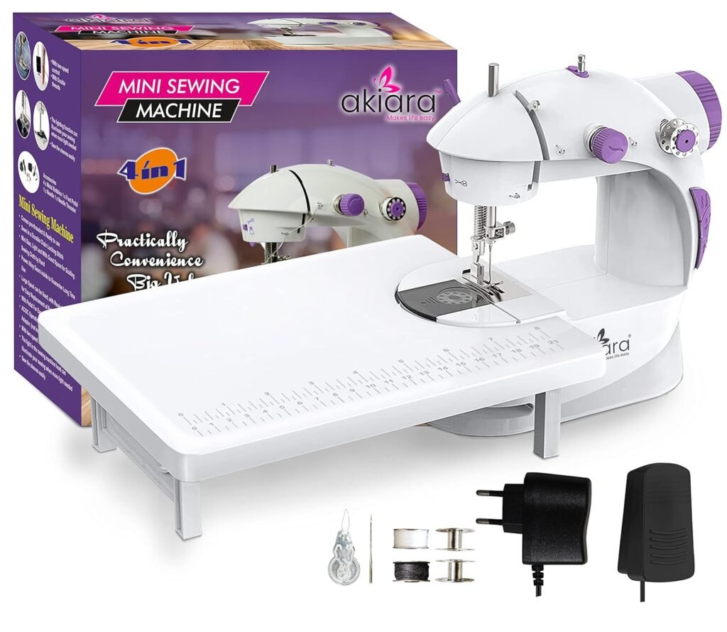 Akiara – Makes life easy Mini Sewing Machine with Table Set | Tailoring Machine | Hand Sewing Machine with extension table, foot pedal, adapter, White (Without KIT)