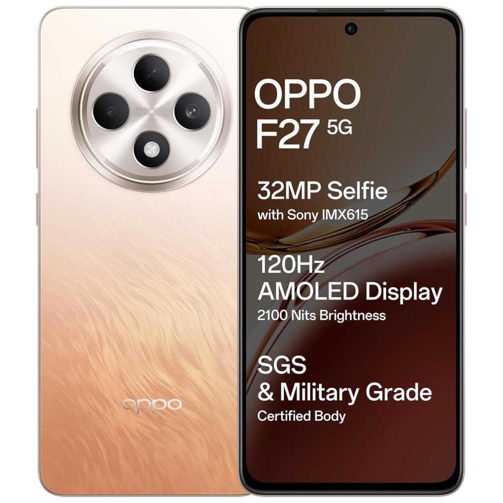 OPPO F27 5G (Amber Orange, 8GB RAM, 128GB Storage) | 6.67″ FHD+ AMOLED Display|32MP Sony IMX615 Selfie Camera |AI Portrait Expert| 45W SUPERVOOC| with No Cost EMI/Additional Exchange Offers