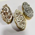 Wooden Blocks Stamps Wooden Fabric Printing Multi Designs Carved Machine Block Floral Design Set of 3